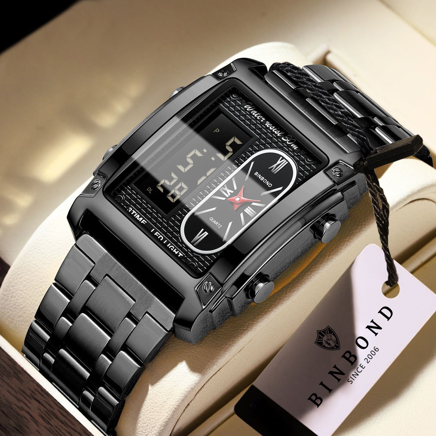 BINBOND Electronic Men's Watch Versatile Stainless Steel Watch Dual-Movement Multifunctional 50mm Business Wrist Watch