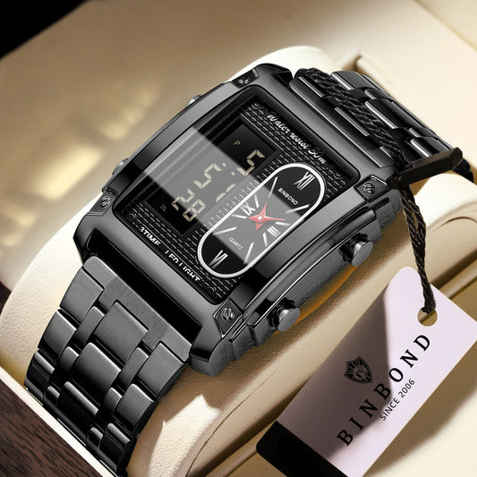 BINBOND Electronic Men's Watch Versatile Stainless Steel Watch Dual-Movement Multifunctional 50mm Business Wrist Watch