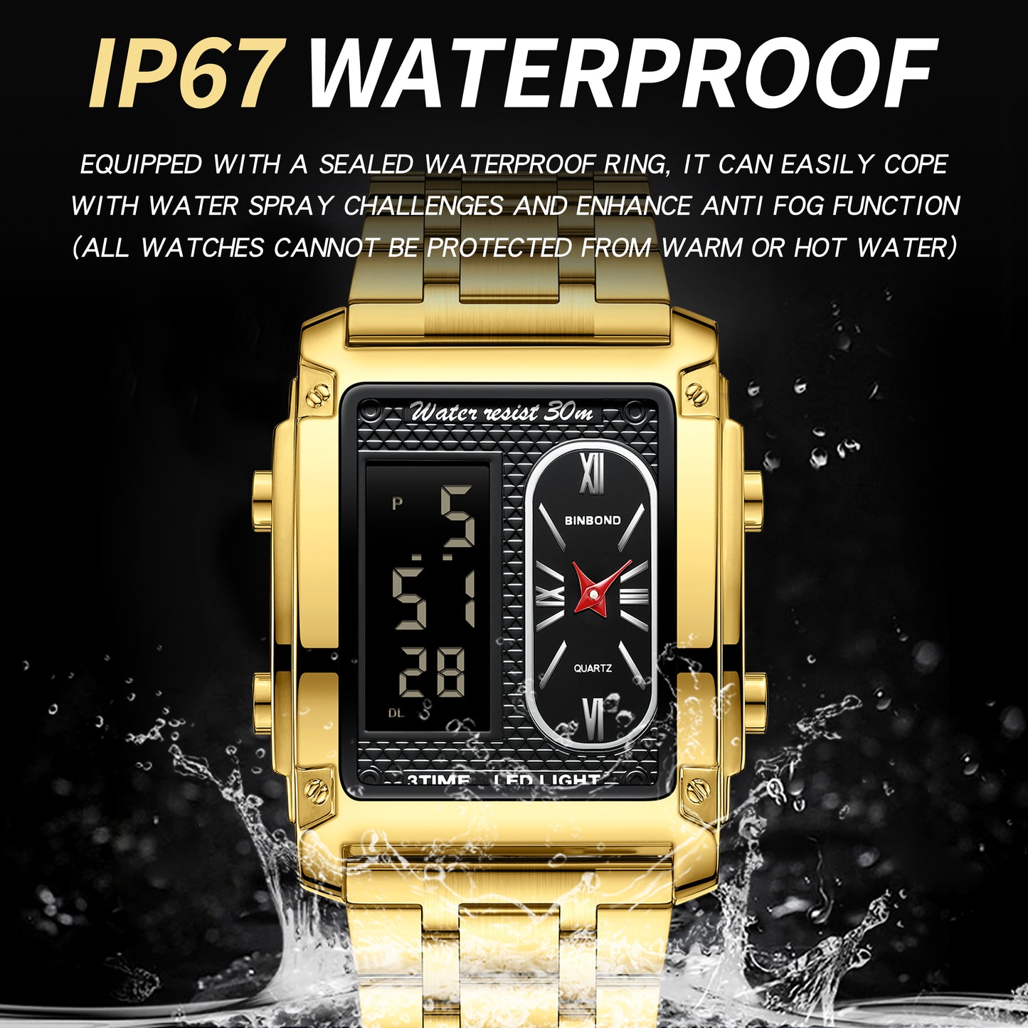 BINBOND Electronic Men's Watch Versatile Stainless Steel Watch Dual-Movement Multifunctional 50mm Business Wrist Watch