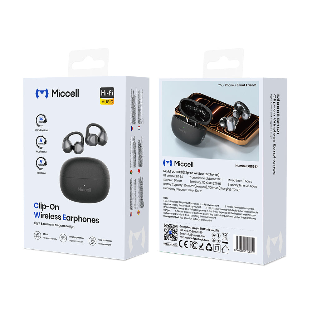 Miccell Auriculares Inalambricos Clip-on Ligeros Con Bluetooth 6.0 Y Sonido Hi-Fi Para Deporte, Juegos Y Viajeros