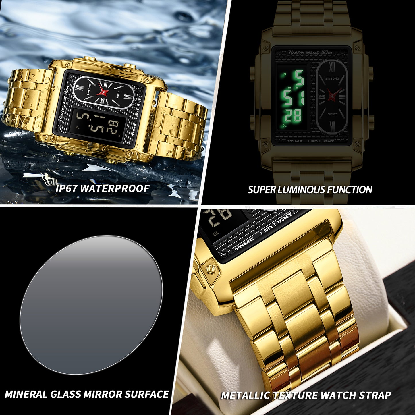 BINBOND Electronic Men's Watch Versatile Stainless Steel Watch Dual-Movement Multifunctional 50mm Business Wrist Watch